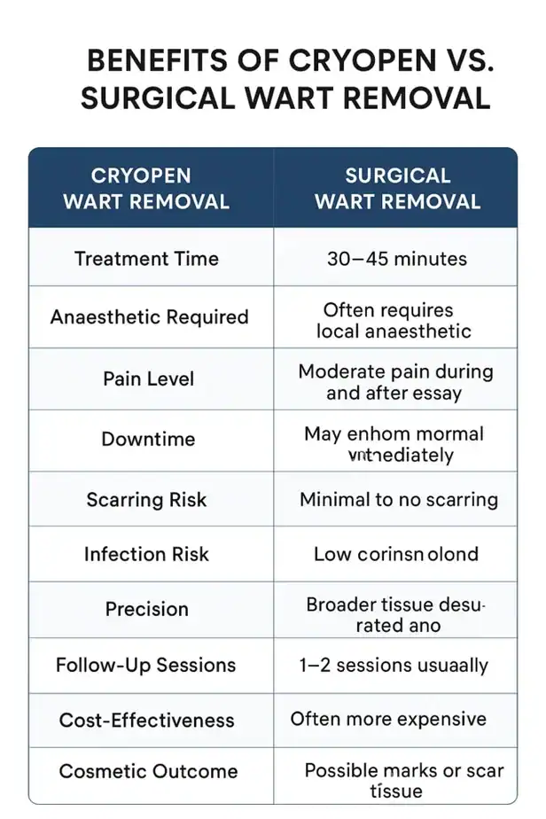 Table showing the benefits of cryopen to remove warts Littlehampton compared to surgical treatment